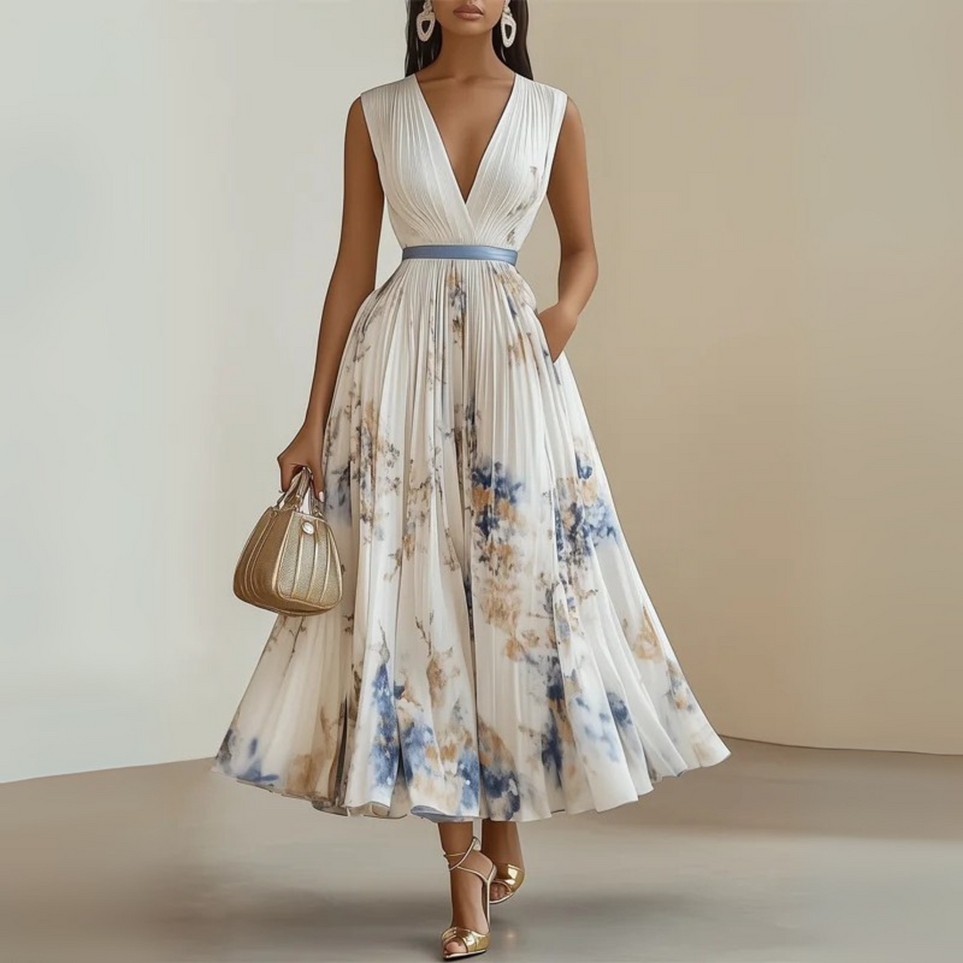 Women’s Maxi Dress with V-Neckline and Pleated Skirt