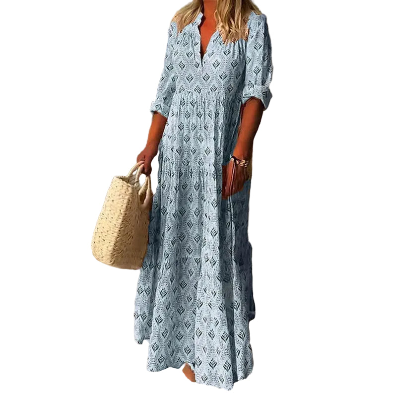 Women’s Maxi Dress with V-Neckline and Roll-Up Sleeves