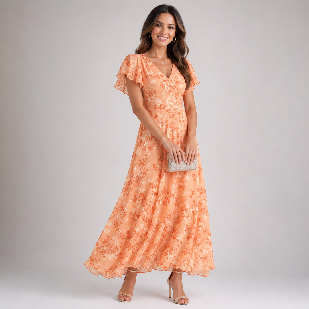 Women’s Maxi Dress with V-Neckline and Ruffle Sleeves