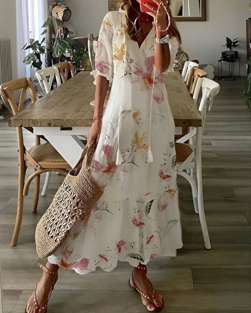 Women’s Maxi Dress with V-Neckline and Tassel Ties