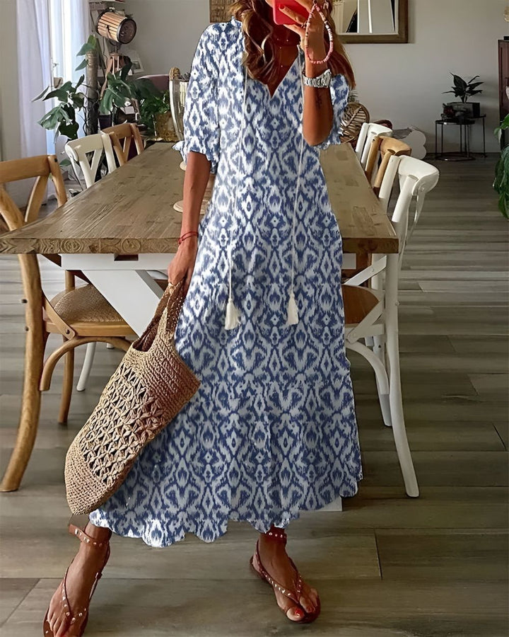 Women’s Maxi Dress with V-Neckline and Tassel Ties