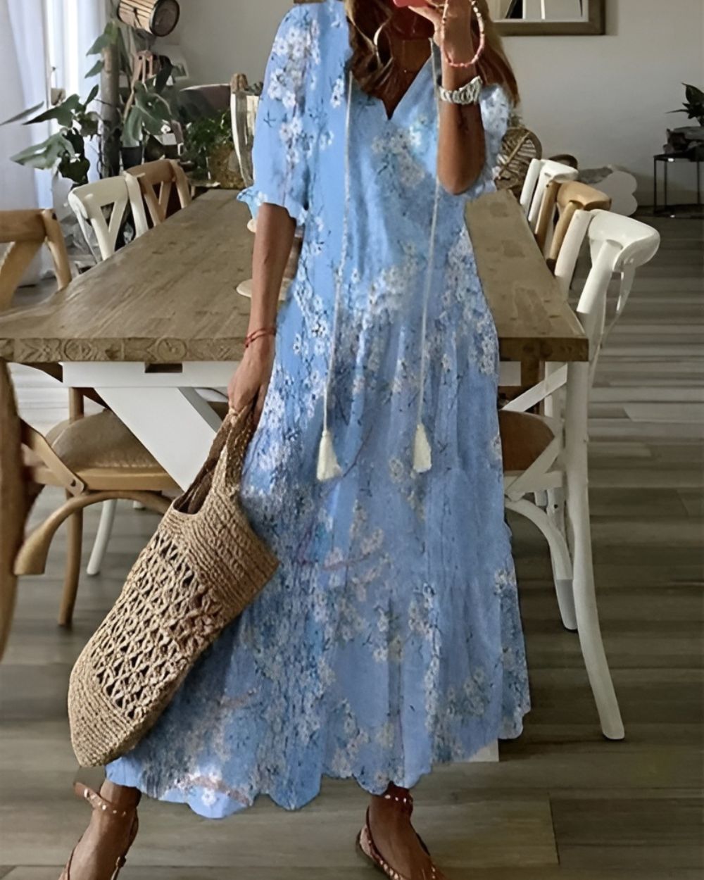 Women’s Maxi Dress with V-Neckline and Tassel Ties