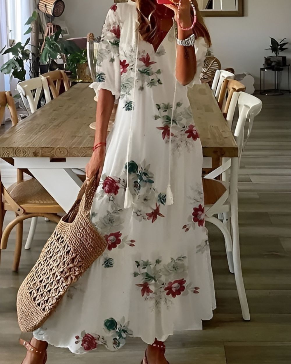 Women’s Maxi Dress with V-Neckline and Tassel Ties