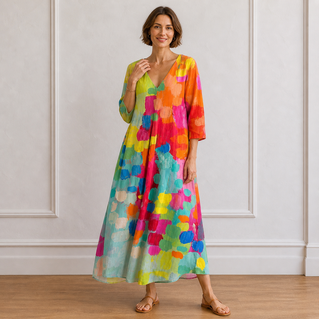 Women’s Maxi Dress with V-Neckline and Three-Quarter Sleeves