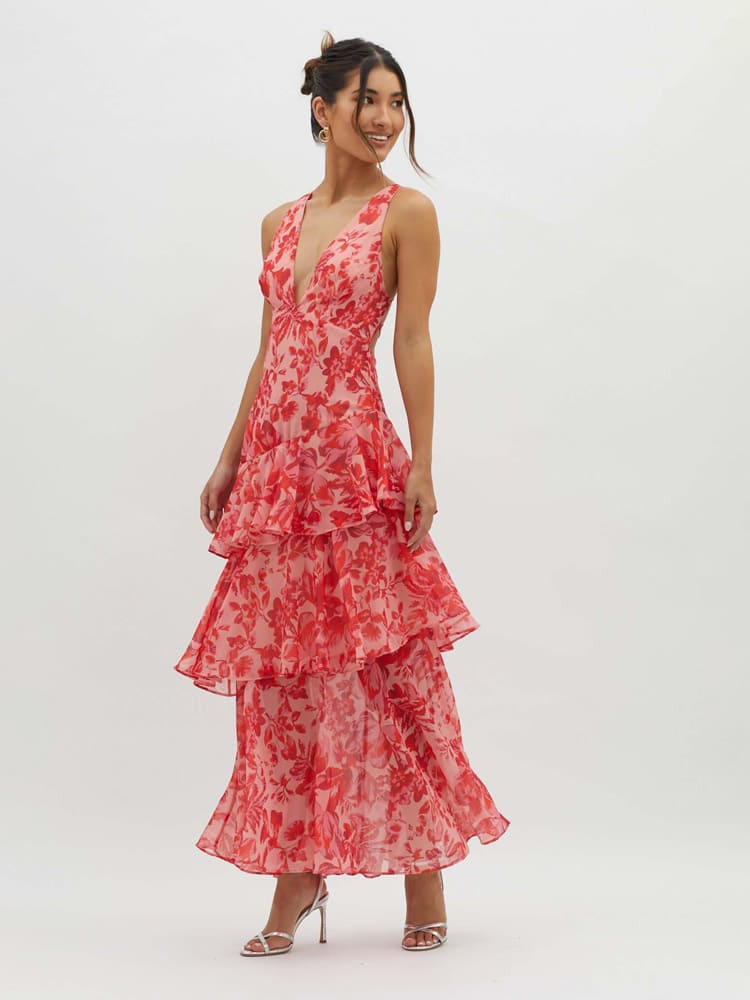 Women’s Maxi Dress with V-Neckline and Tie-Back Closure