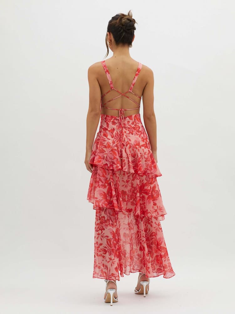 Women’s Maxi Dress with V-Neckline and Tie-Back Closure