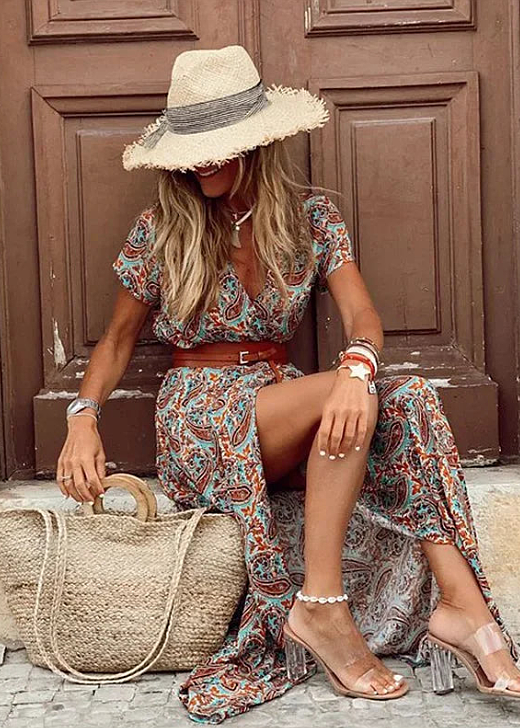 Women’s Maxi Dress with V-Neckline and Waist Belt