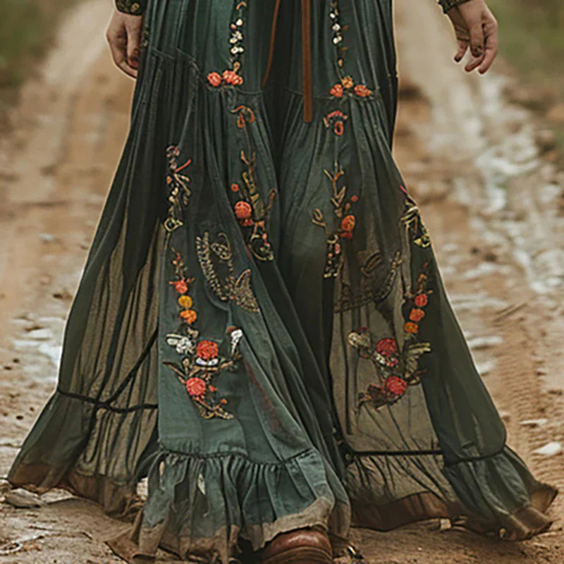 Women’s Maxi Dress with V-Neckline and Waist Tie