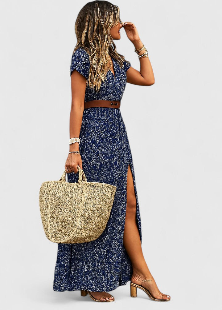 Women’s Maxi Dress with V-Neckline and Waist Belt