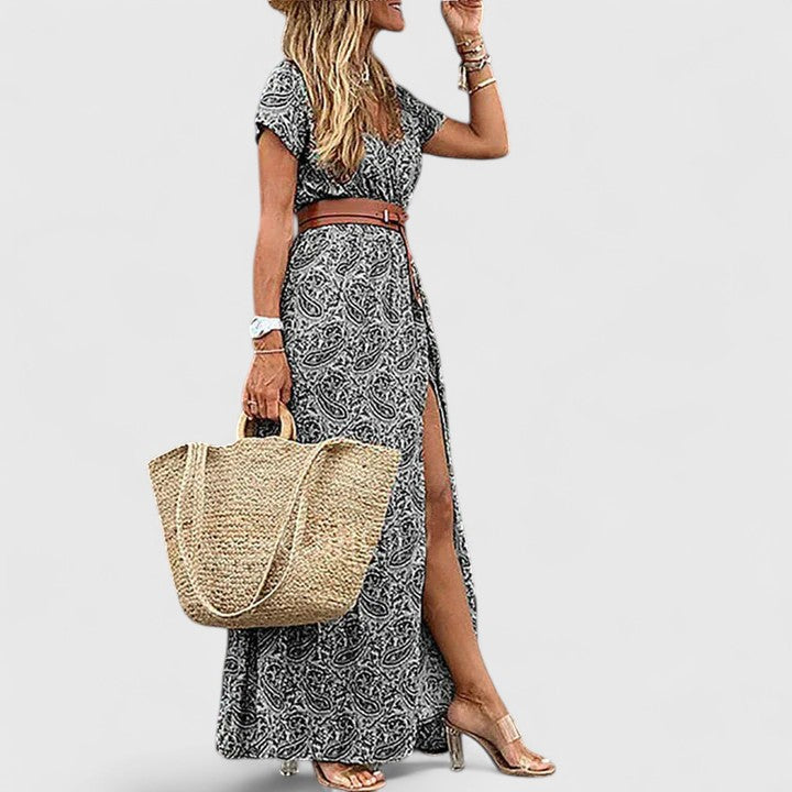 Women’s Maxi Dress with V-Neckline and Waist Belt