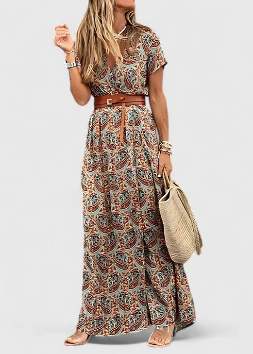 Women’s Maxi Dress with V-Neckline and Waist Belt