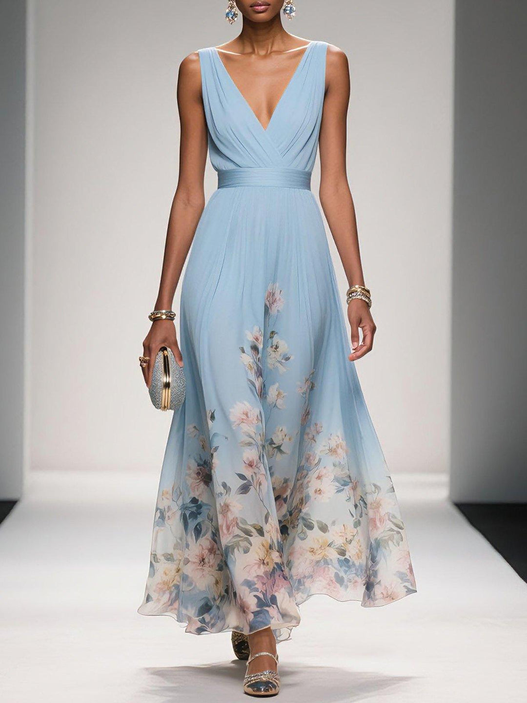 Women’s Maxi Dress with V-Neckline and Waistband
