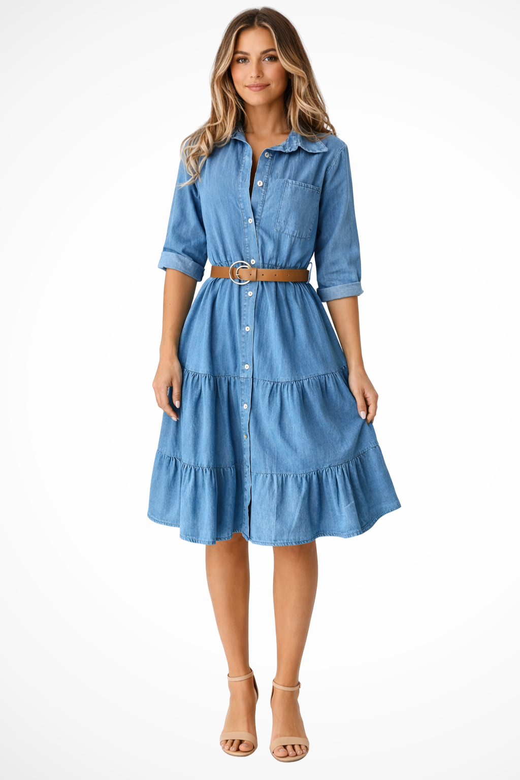 Women’s Midi Dress with Collared Neckline and Button Front