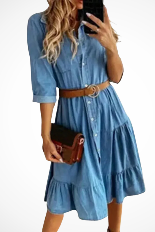 Women’s Midi Dress with Collared Neckline and Button Front