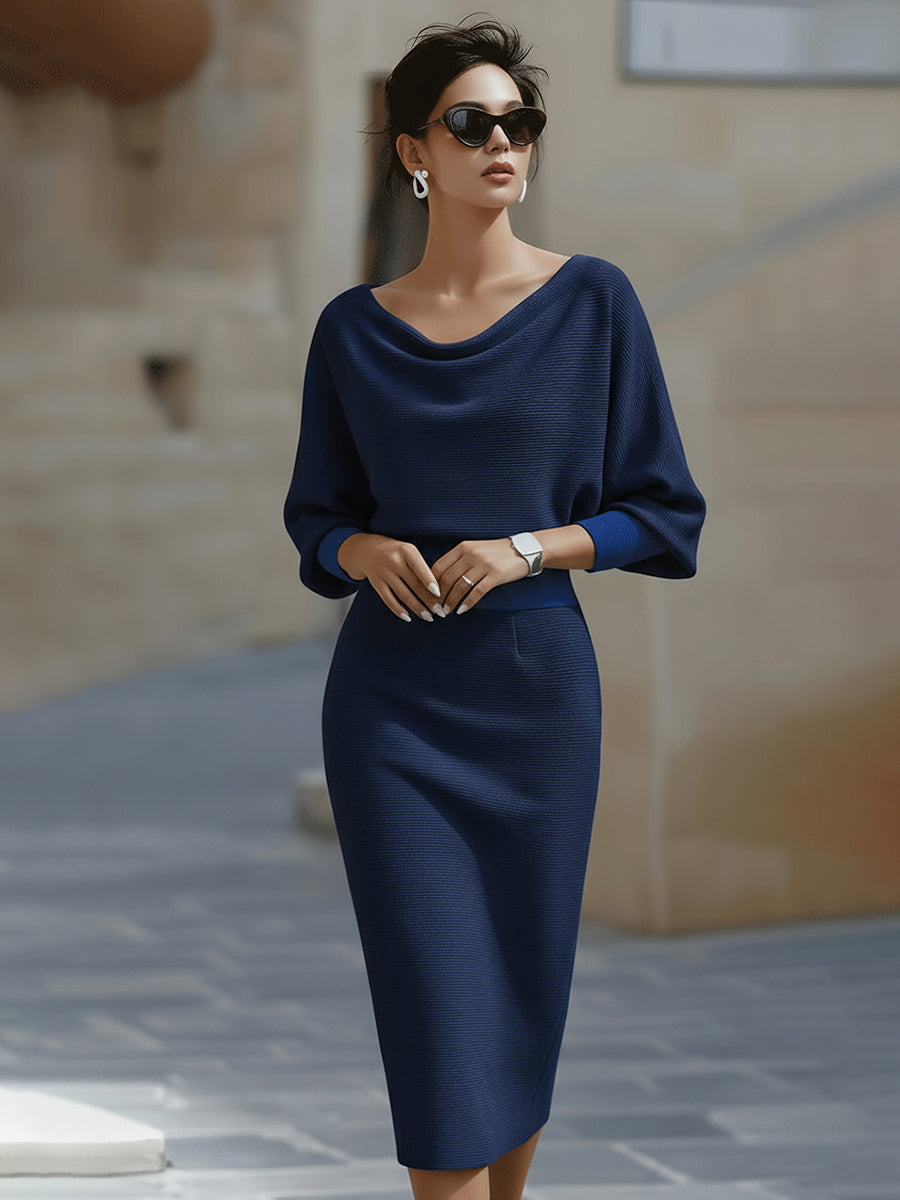 Women’s Midi Dress with Cowl Neckline and Back Zipper