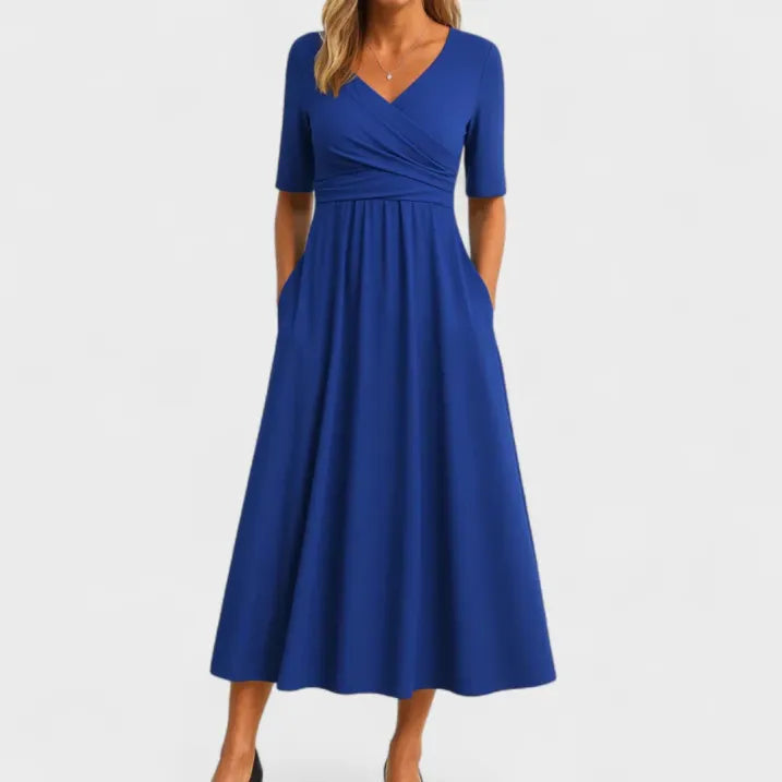 Women’s Midi Dress with Crossover Neckline and Short Sleeves