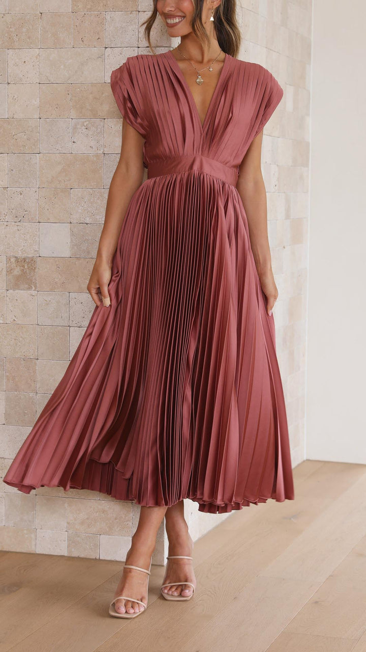 Women’s Midi Dress with Deep V-Neckline and Waistband