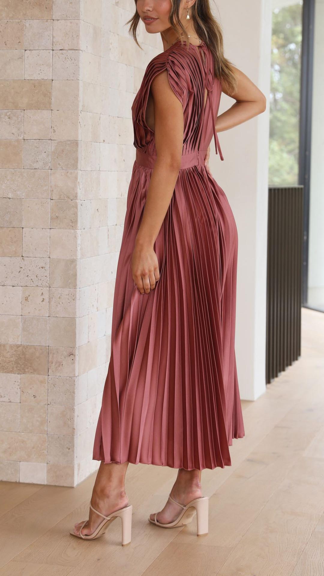 Women’s Midi Dress with Deep V-Neckline and Waistband