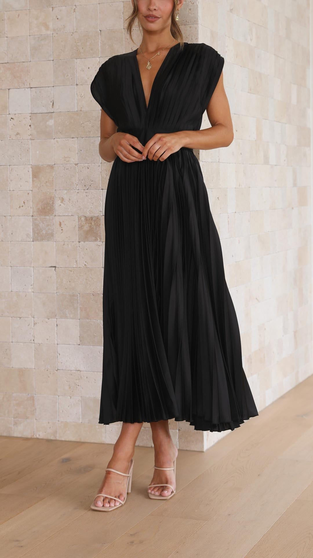 Women’s Midi Dress with Deep V-Neckline and Waistband