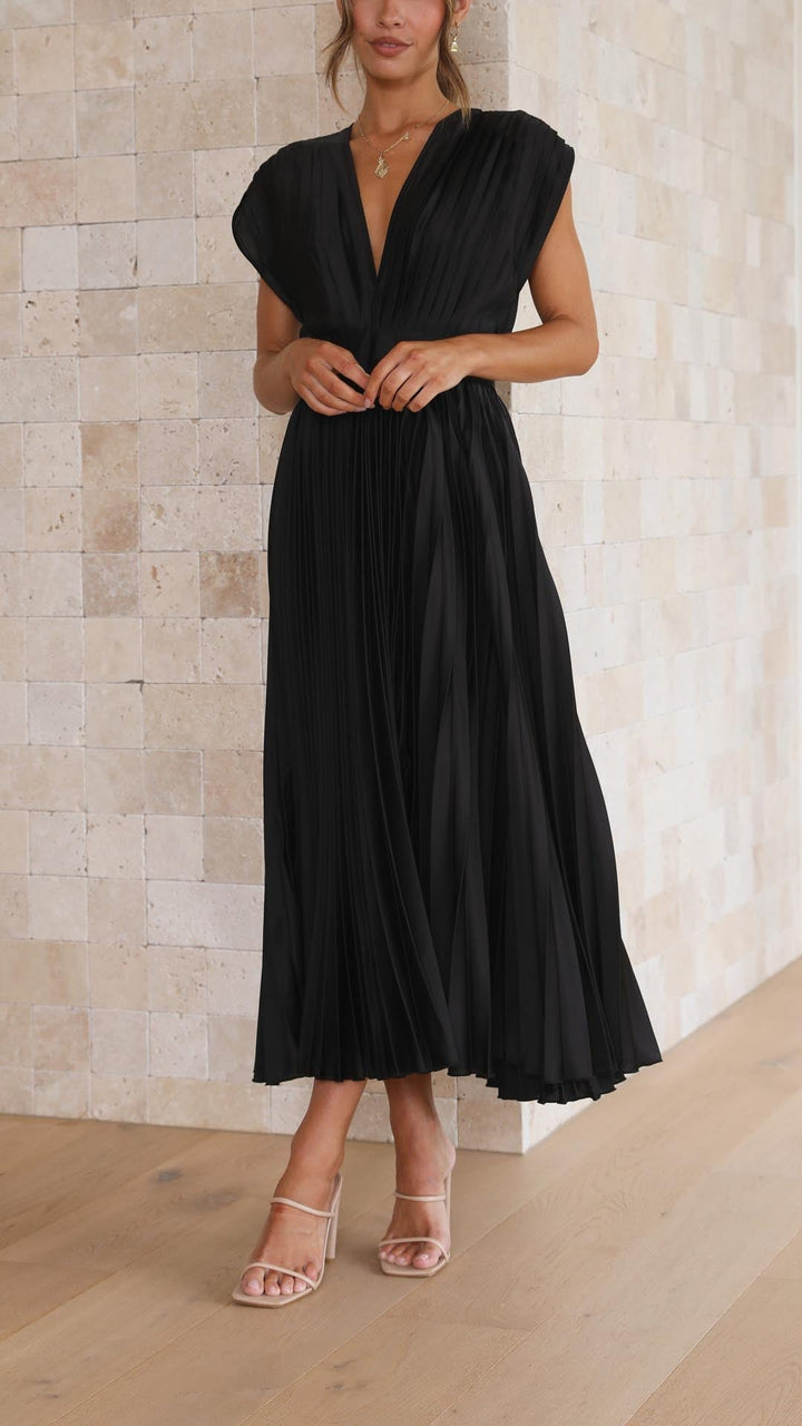 Women’s Midi Dress with Deep V-Neckline and Waistband