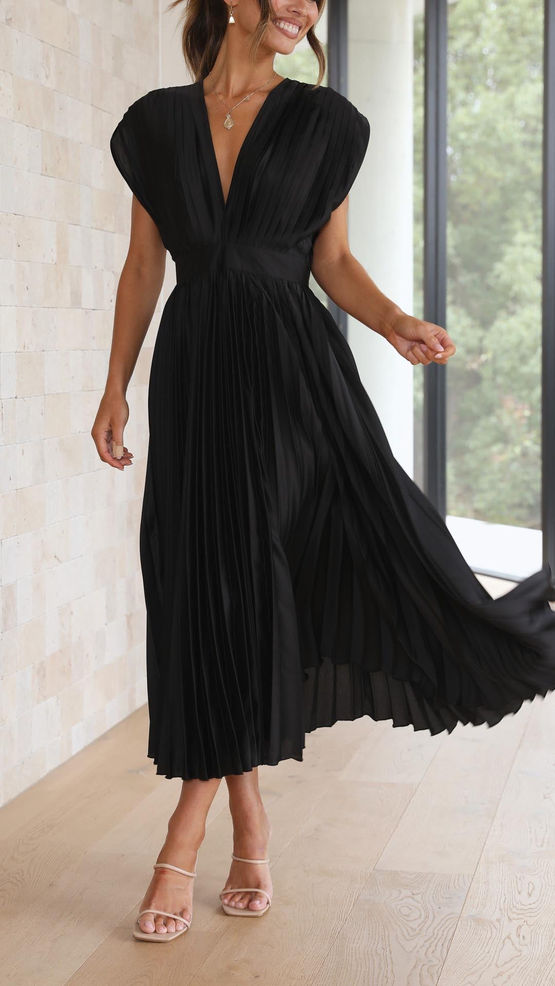 Women’s Midi Dress with Deep V-Neckline and Waistband