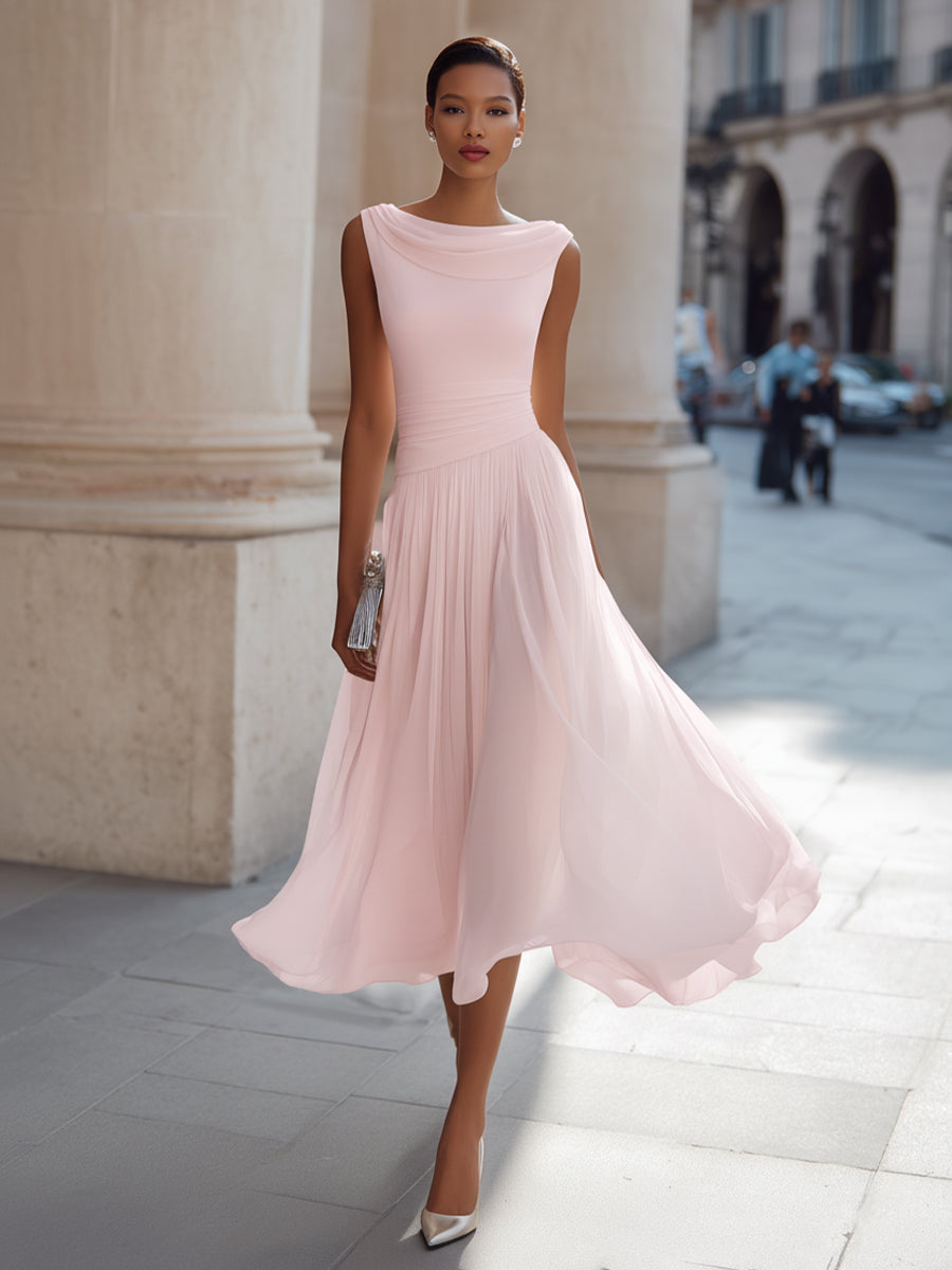 Women’s Midi Dress with Draped Neckline and Pleated Skirt