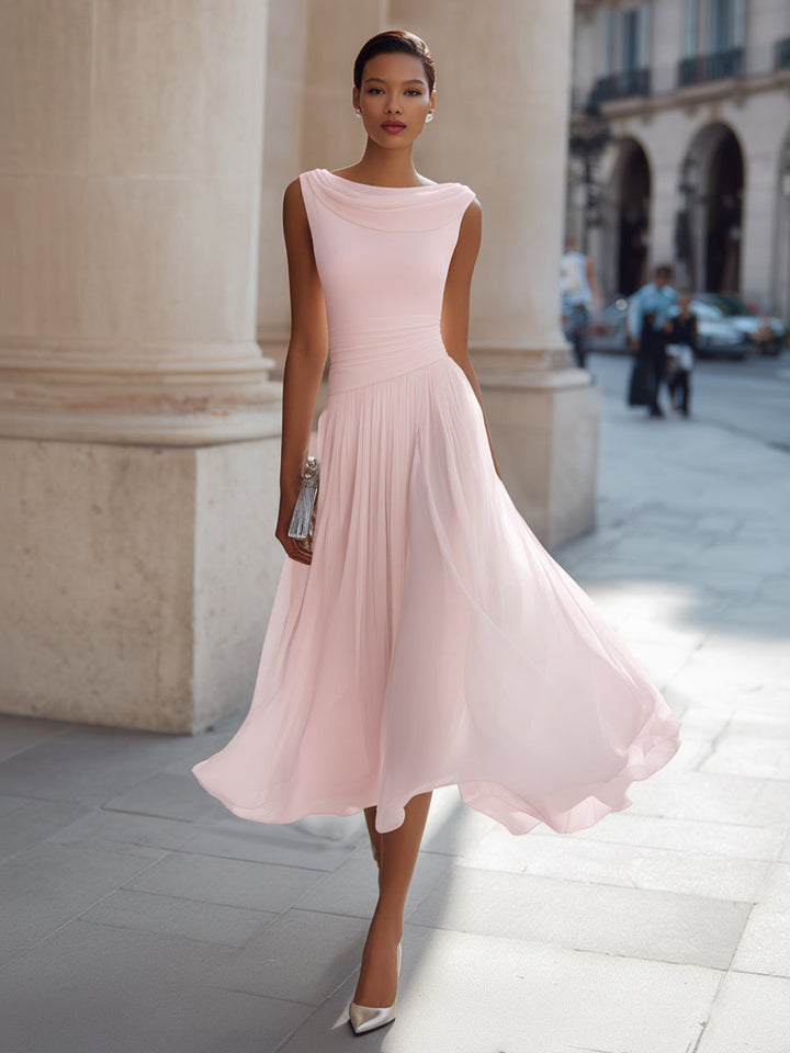 Women’s Midi Dress with Draped Neckline and Pleated Skirt