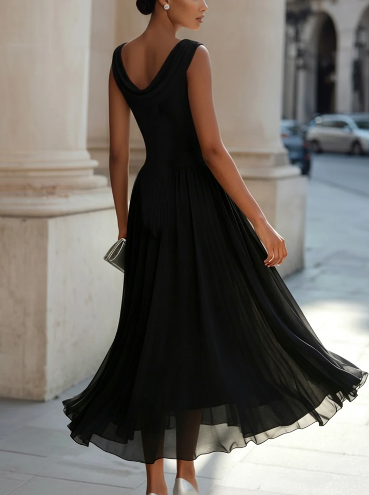 Women’s Midi Dress with Draped Neckline and Pleated Skirt