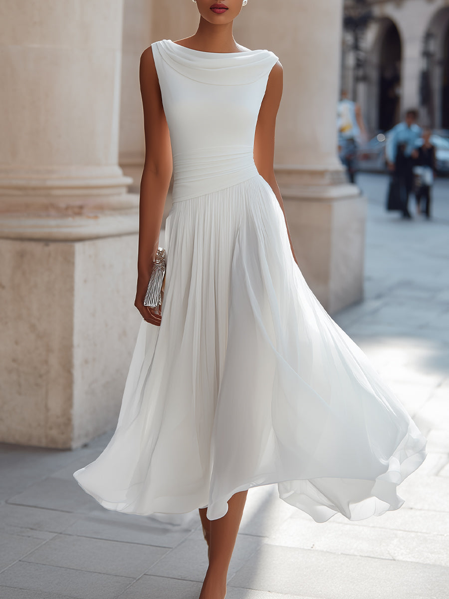 Women’s Midi Dress with Draped Neckline and Pleated Skirt