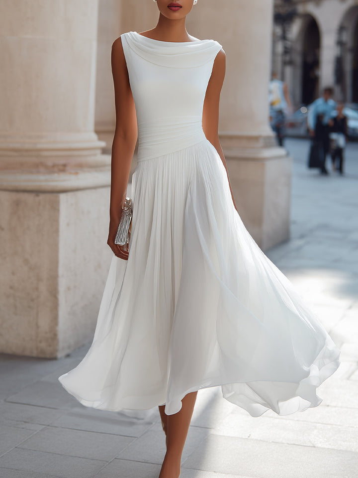 Women’s Midi Dress with Draped Neckline and Pleated Skirt