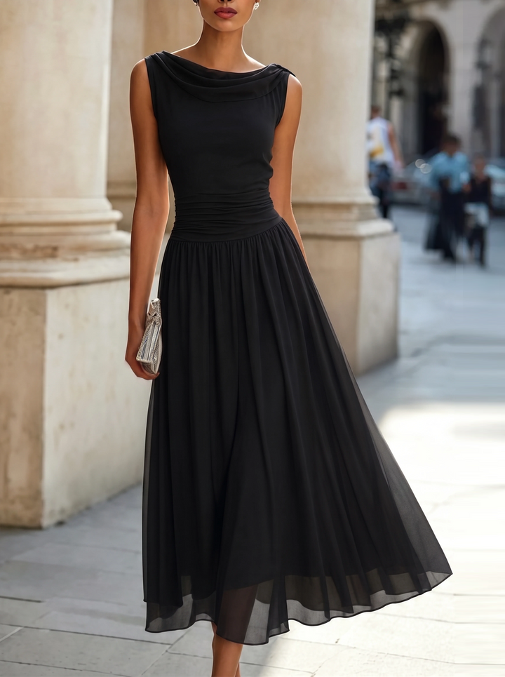 Women’s Midi Dress with Draped Neckline and Pleated Skirt