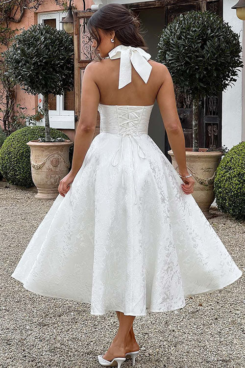 Women’s Midi Dress with Halter Neckline and Full Skirt