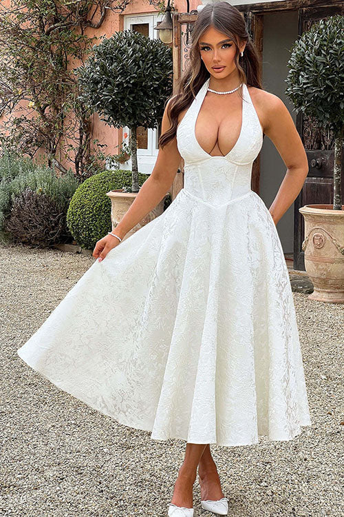 Women’s Midi Dress with Halter Neckline and Full Skirt