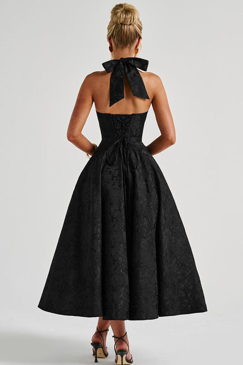 Women’s Midi Dress with Halter Neckline and Full Skirt