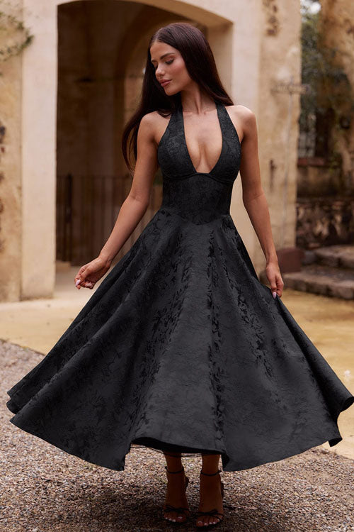 Women’s Midi Dress with Halter Neckline and Full Skirt