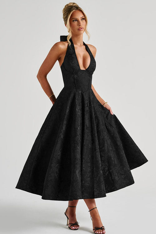Women’s Midi Dress with Halter Neckline and Full Skirt