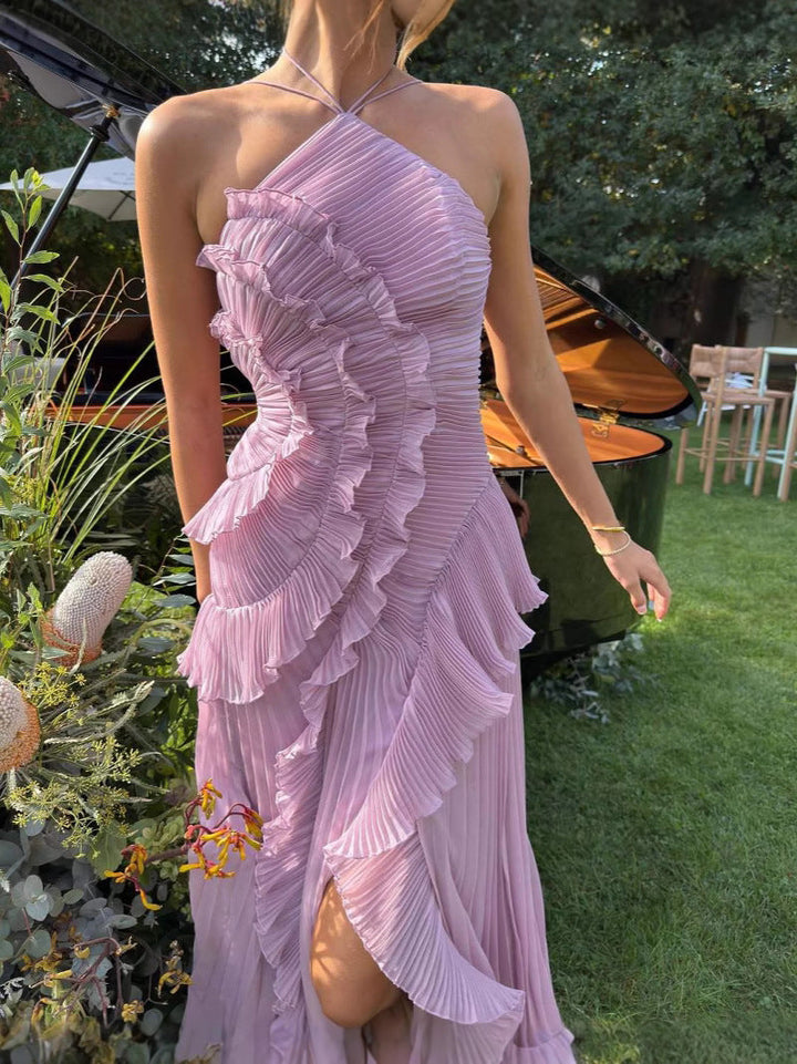Women’s Midi Dress with Halter Neckline and Vertical Ruffle Trim