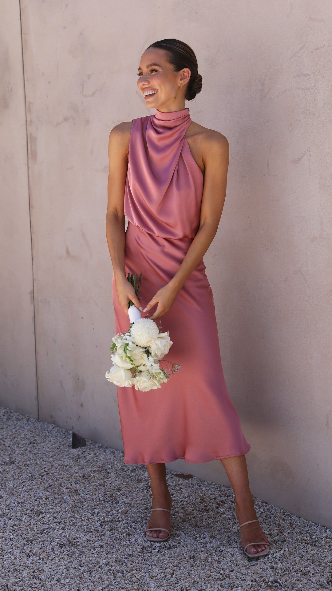 Women’s Midi Dress with High Collar and Draped Front Panel
