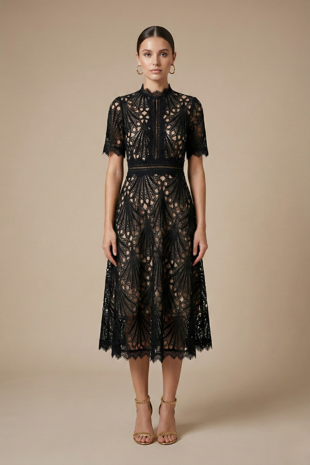 Women’s Midi Dress with High Neck and Cutwork Detailing