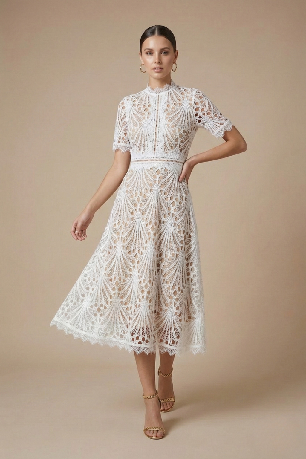 Women’s Midi Dress with High Neck and Cutwork Detailing