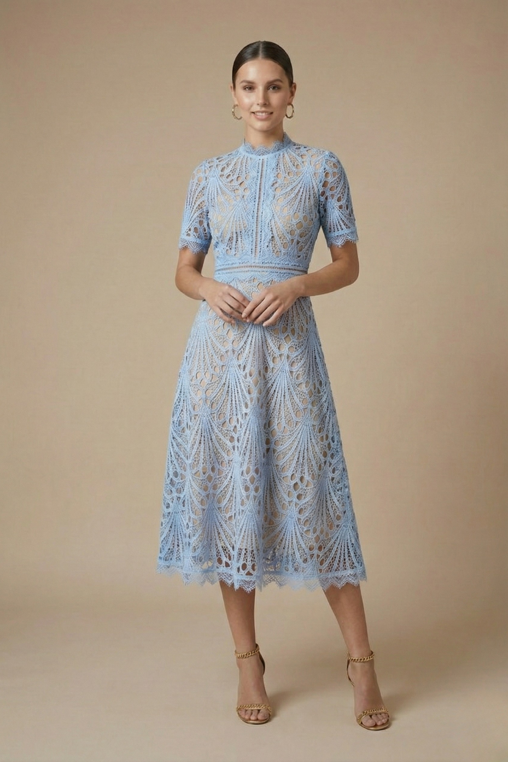 Women’s Midi Dress with High Neck and Cutwork Detailing