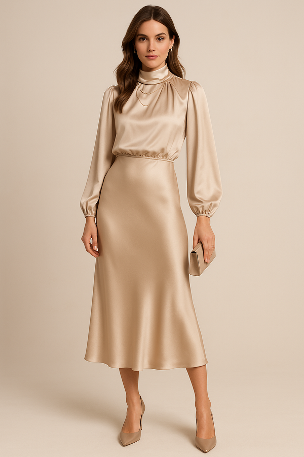 Women’s Midi Dress with High Neck and Long Sleeves