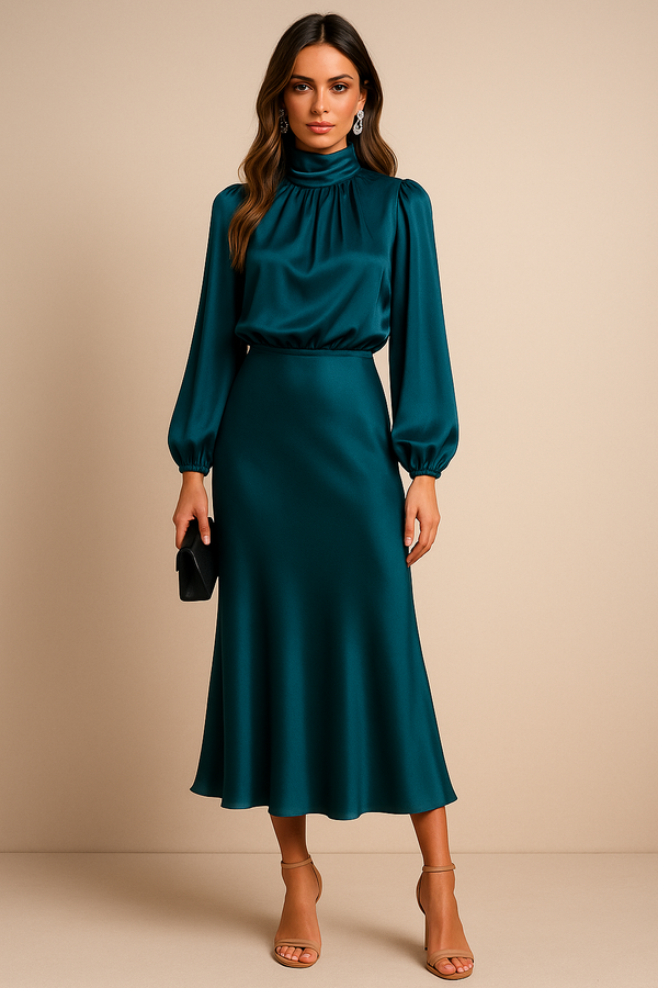 Women’s Midi Dress with High Neck and Long Sleeves