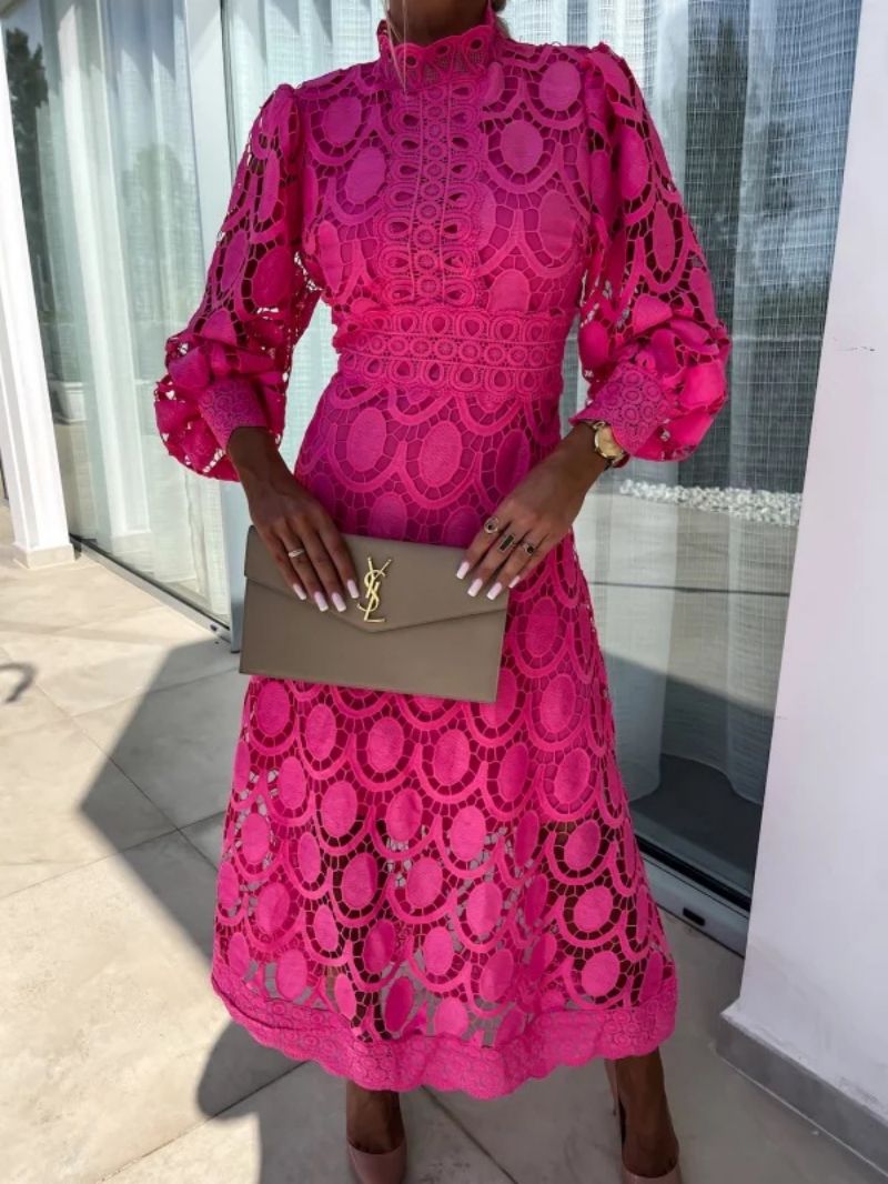 Women’s Midi Dress with High Neck and Puff Sleeves