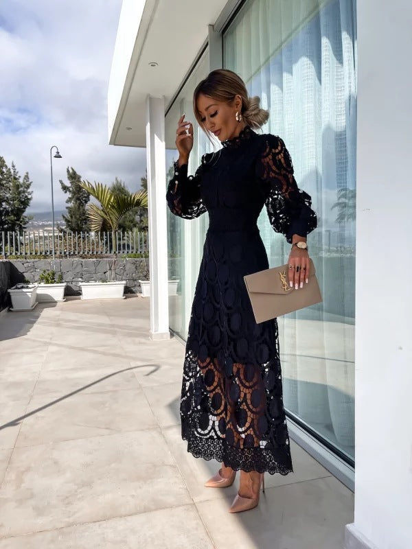 Women’s Midi Dress with High Neck and Puff Sleeves