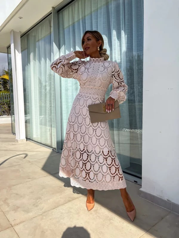 Women’s Midi Dress with High Neck and Puff Sleeves