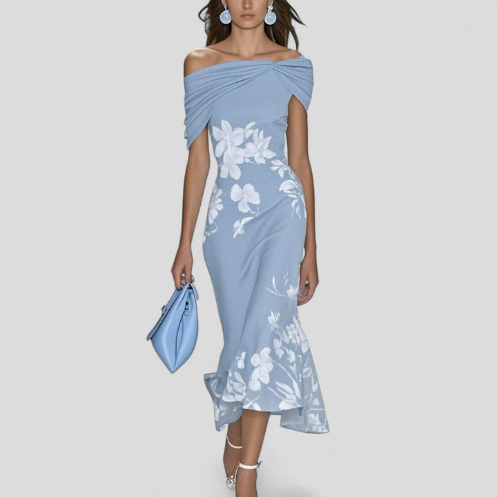 Women’s Midi Dress with Off-Shoulder Neckline and Flared Hem