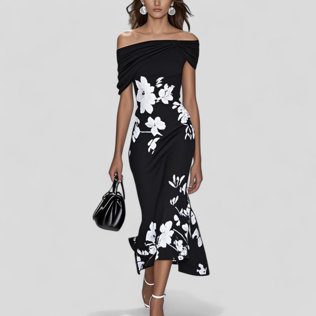 Women’s Midi Dress with Off-Shoulder Neckline and Flared Hem
