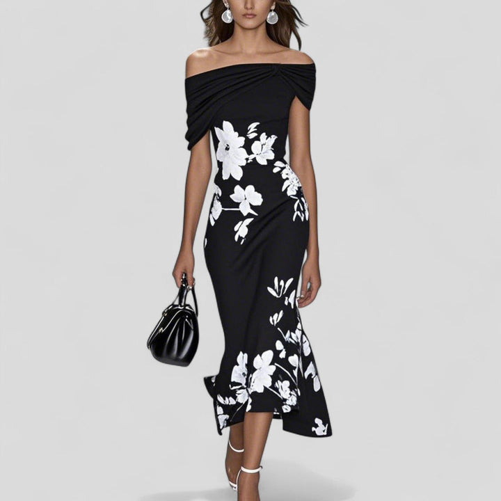 Women’s Midi Dress with Off-Shoulder Neckline and Flared Hem