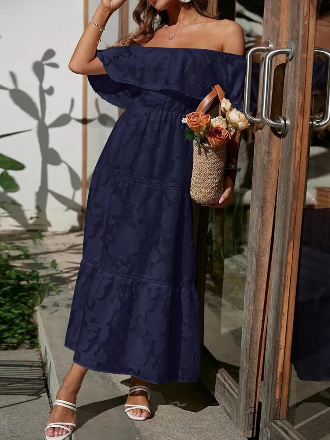 Women’s Midi Dress with Off-Shoulder Neckline and Tiered Skirt